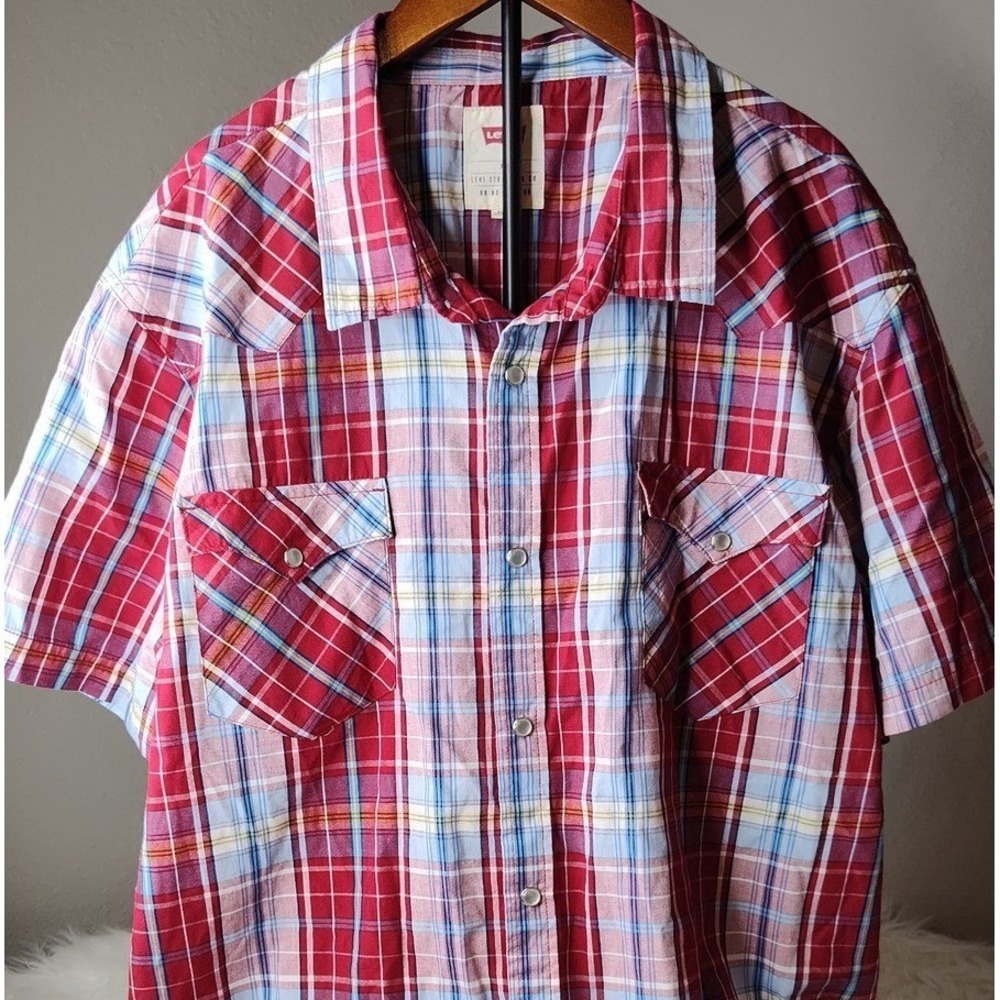 Levi's Western Shirt Mens XXL Red Plaid Short Sleeve Pearl Snap Button Down